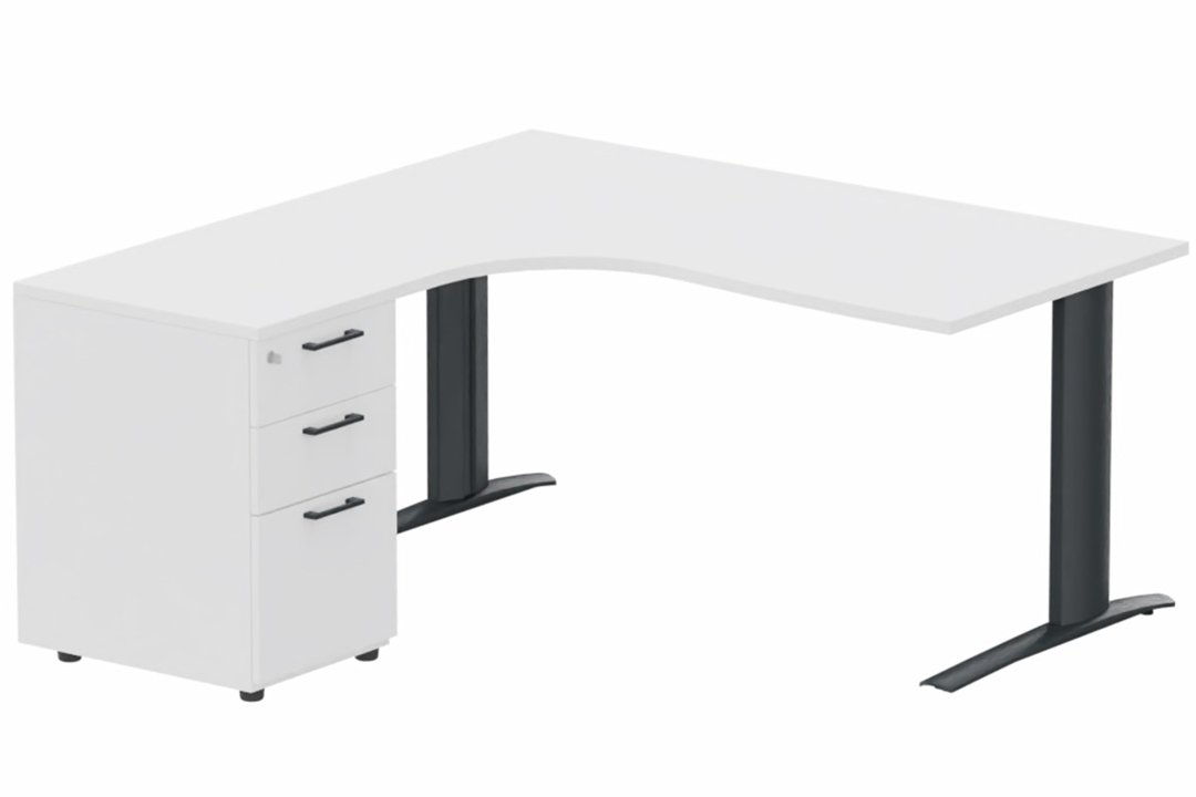 k1 Poutre - Plan compact 90° asymétrique 160x162x80 / 60cm avec caisson HB bois 3 tiroirs - retour à gauche -Finitions : PLATEAUX: BLANC (BL) / PIETEMENTS: ANTHRACITE (AN) / CAISSONS MELAMINE: BLANC (BL)