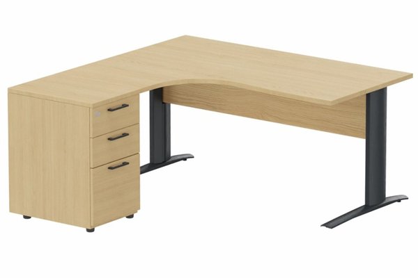 Gamme K1 - Plans compacts - K1 Voile de fond Bois - Plan compact 90° asymétrique 180x162x80/60cm avec caisson HB bois 3 tiroirs - retour à gauche -Finitions : PLATEAUX: CHENE (CE) / PIETEMENTS: ANTHRACITE (AN) / CAISSONS MELAMINE: CHENE (CE)