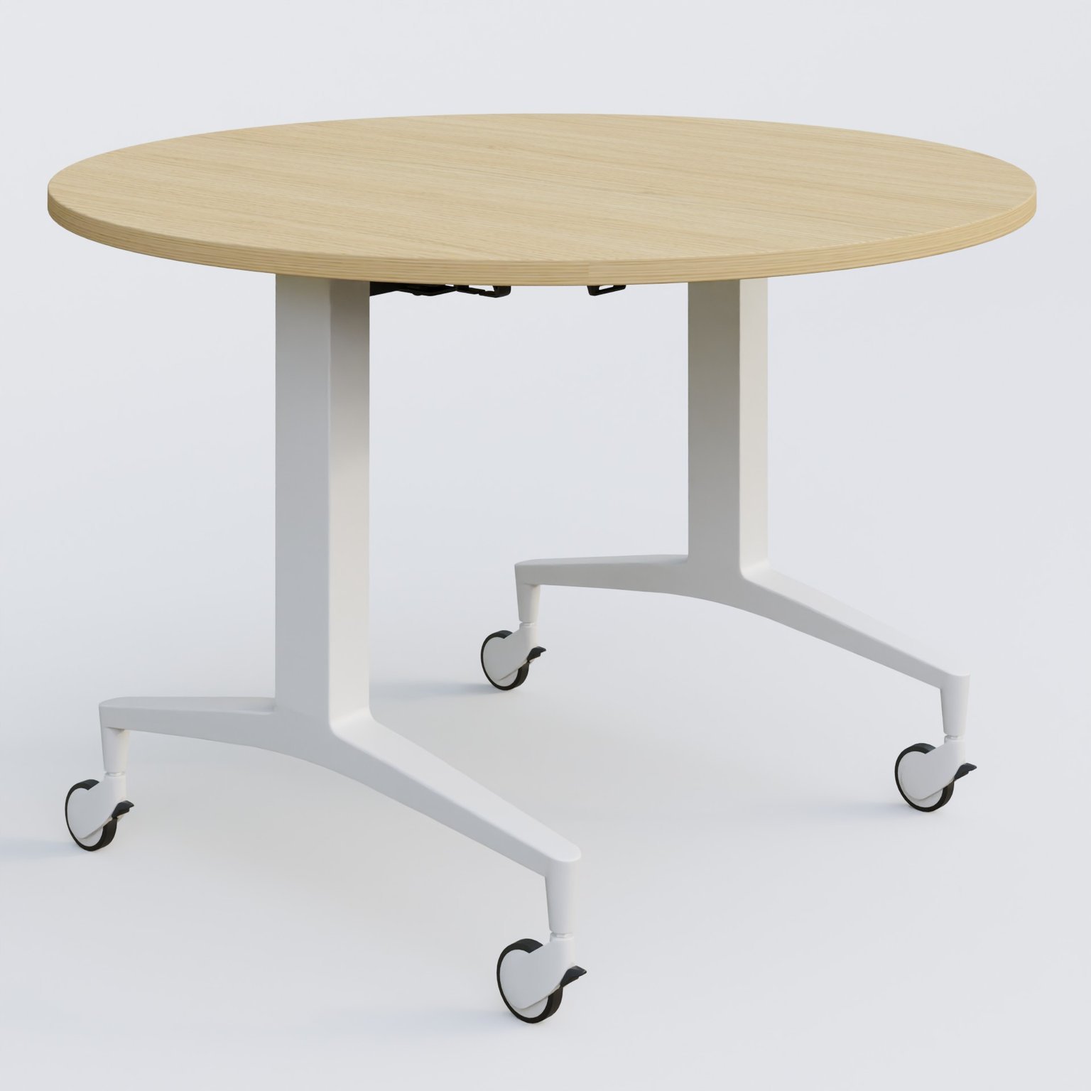 Table ronde de la gamme LEM D110 cm. Plateau Chêne clair et pietement Blanc.