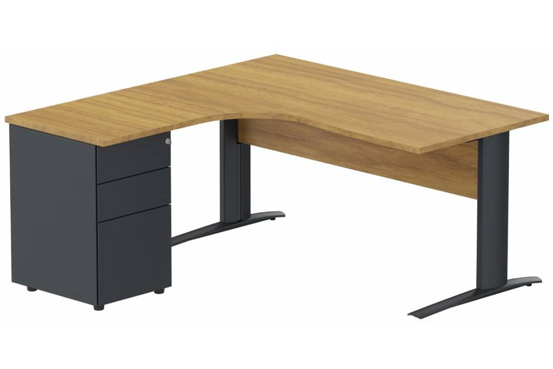 K1 VDF BOIS Compact 90° asymétrique 160x162x80/60cm retour à gauche avec caisson HB métal 3 tiroirs, plateau noyer, structure anthracite