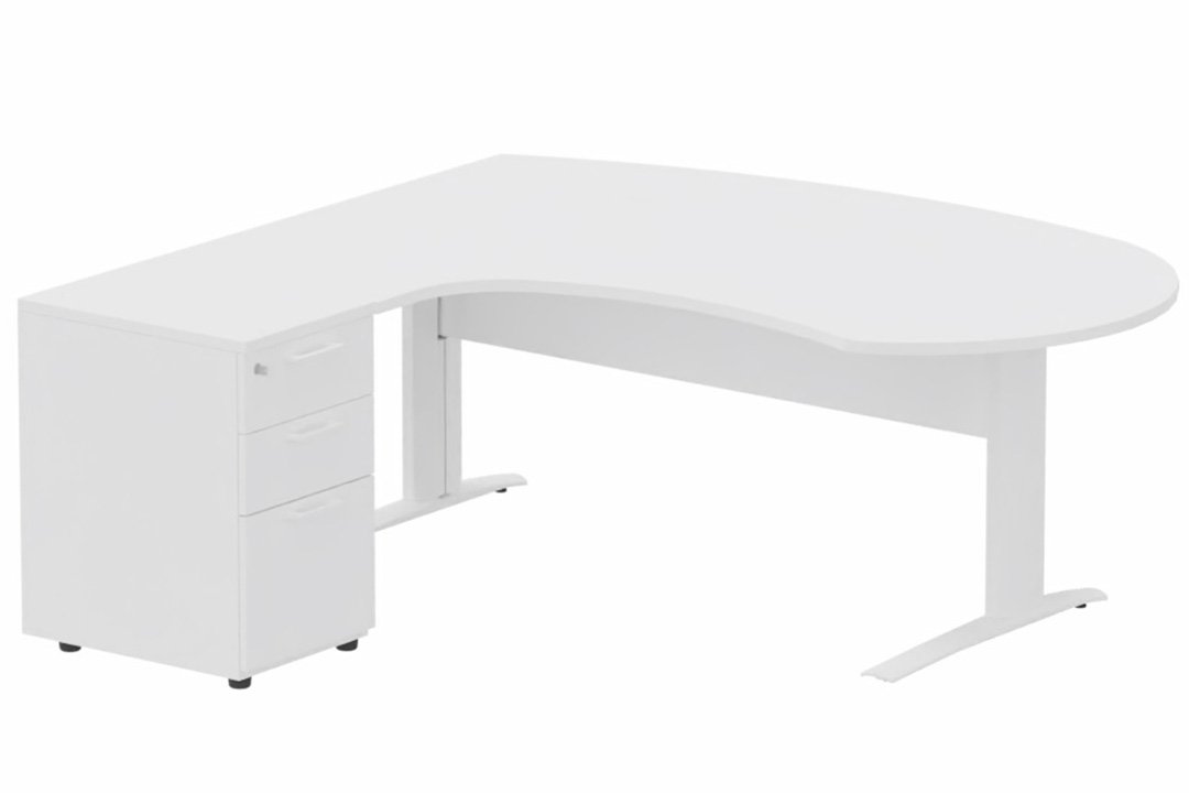 K1 VDF bois compact 90° manager 190x141x104x60cm sur caisson HB mélamine 3 tiroirs, plateau blanc, structure blanc