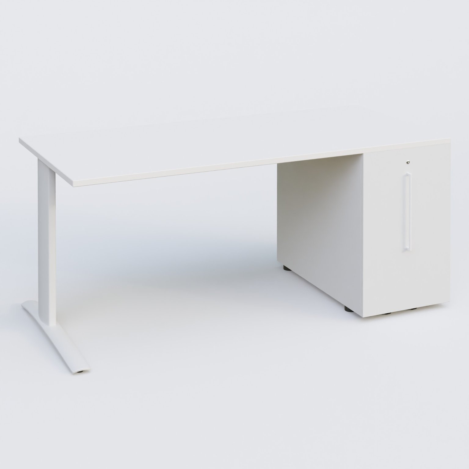 K1 Plateau droit 180x80 avec tour de rangement sous plateau à droite. Plateau Blanc et pietement Blanc