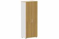 Armoire mélamine H196xL100cm portes bois, Finitions= Top de finition : noyer / Corps d'armoire et tablettes : blanc/ façade :noyer