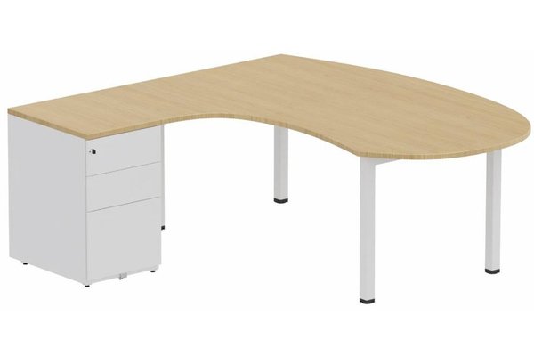 Gamme K3 - Plans compacts - K3- Plan compact 90° asymétrique Manager 190x183x104x60cm avec caisson HB métal 3 tiroirs - retour à gauche Finitions- Plateau et top caisson : Chêne (CE) / Piétements et caisson :Blanc (BL)