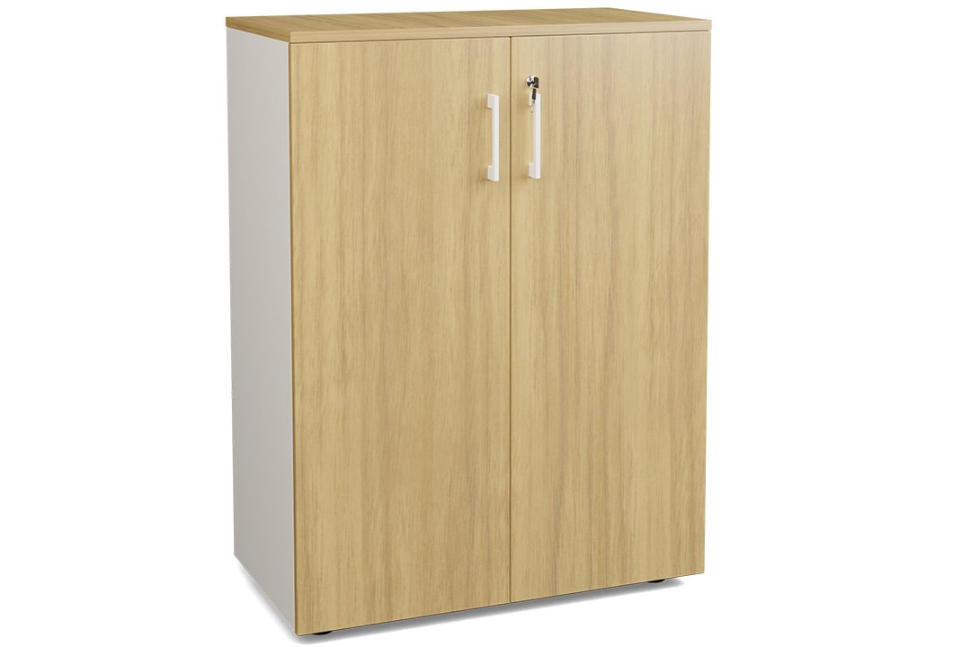 Armoire mélamine H102XL100 cm portes bois, Finitions= Top de finition : noyer / Corps d'armoire et tablettes : blanc Façade : noyer
