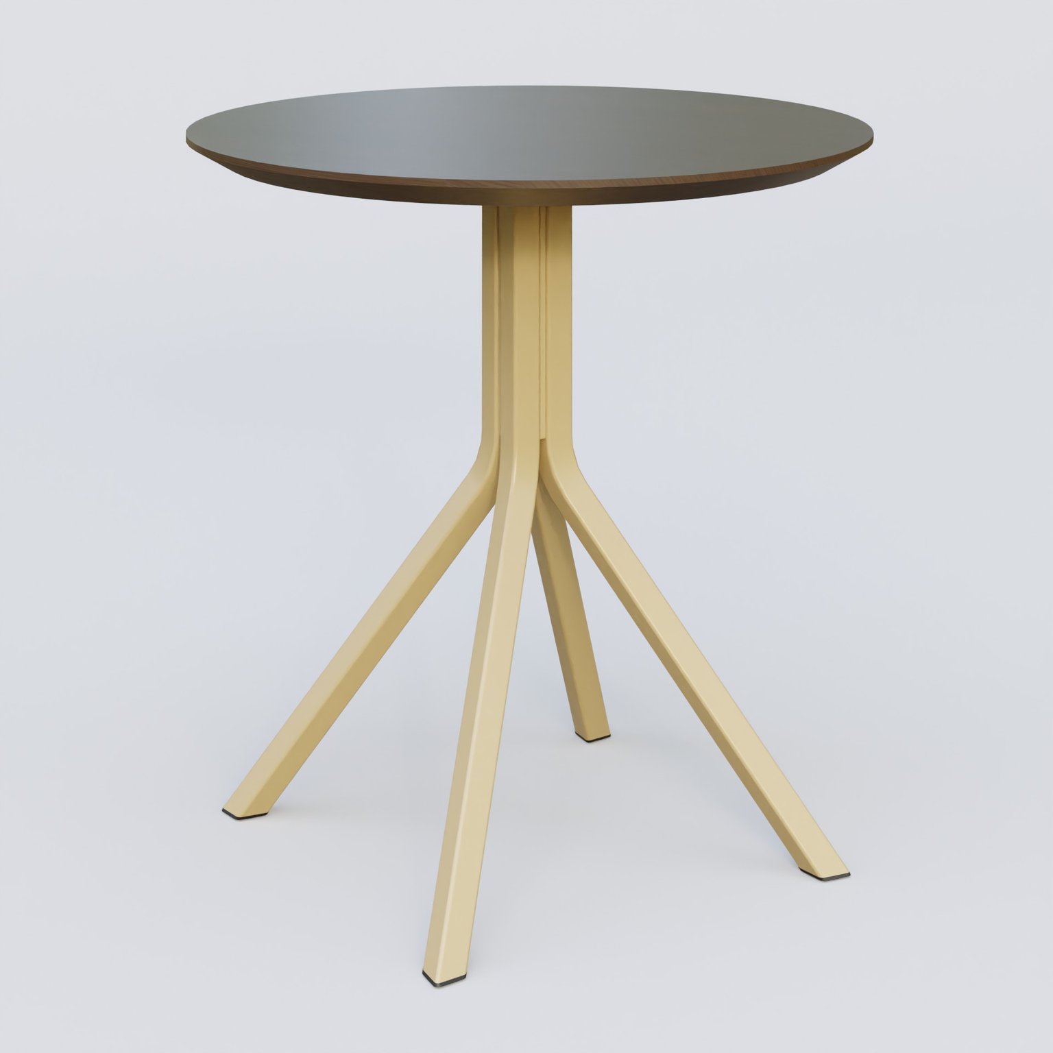 Table Basse Fashion Styl piètement 4 branches en métal et plateau bois. Plateau Chêne Moka et pietement Jaune Cuivre (RAL 1002).