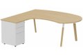 K8Wood Plan compact 90° asymétrique Manager 190x183x104x60cm avec caisson HB métal 3 tiroirs - retour à gauche - plateau chêne, piétement blanc / bois