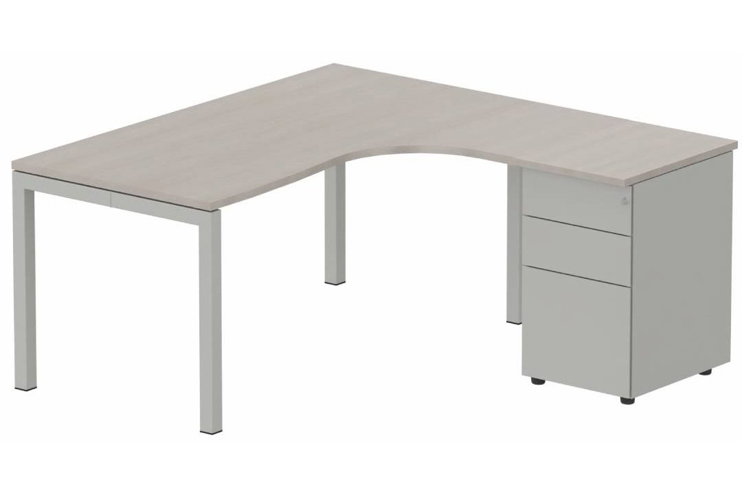 Plan Compact 90° asymétrique 160x162x80/60cm retour à droite avec caisson HB métal 3 tiroirs, acacia/aluminium