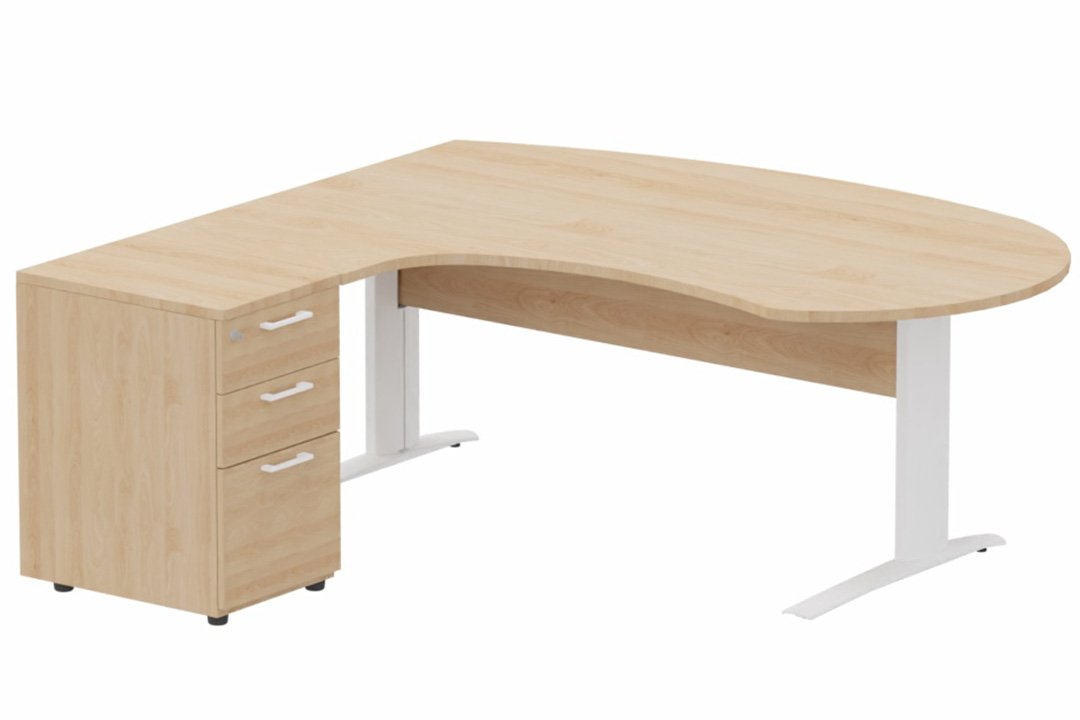 K1 VDF bois compact 90° manager 190x141x104x60cm sur caisson HB mélamine 3 tiroirs, plateau hêtre, structure blanc