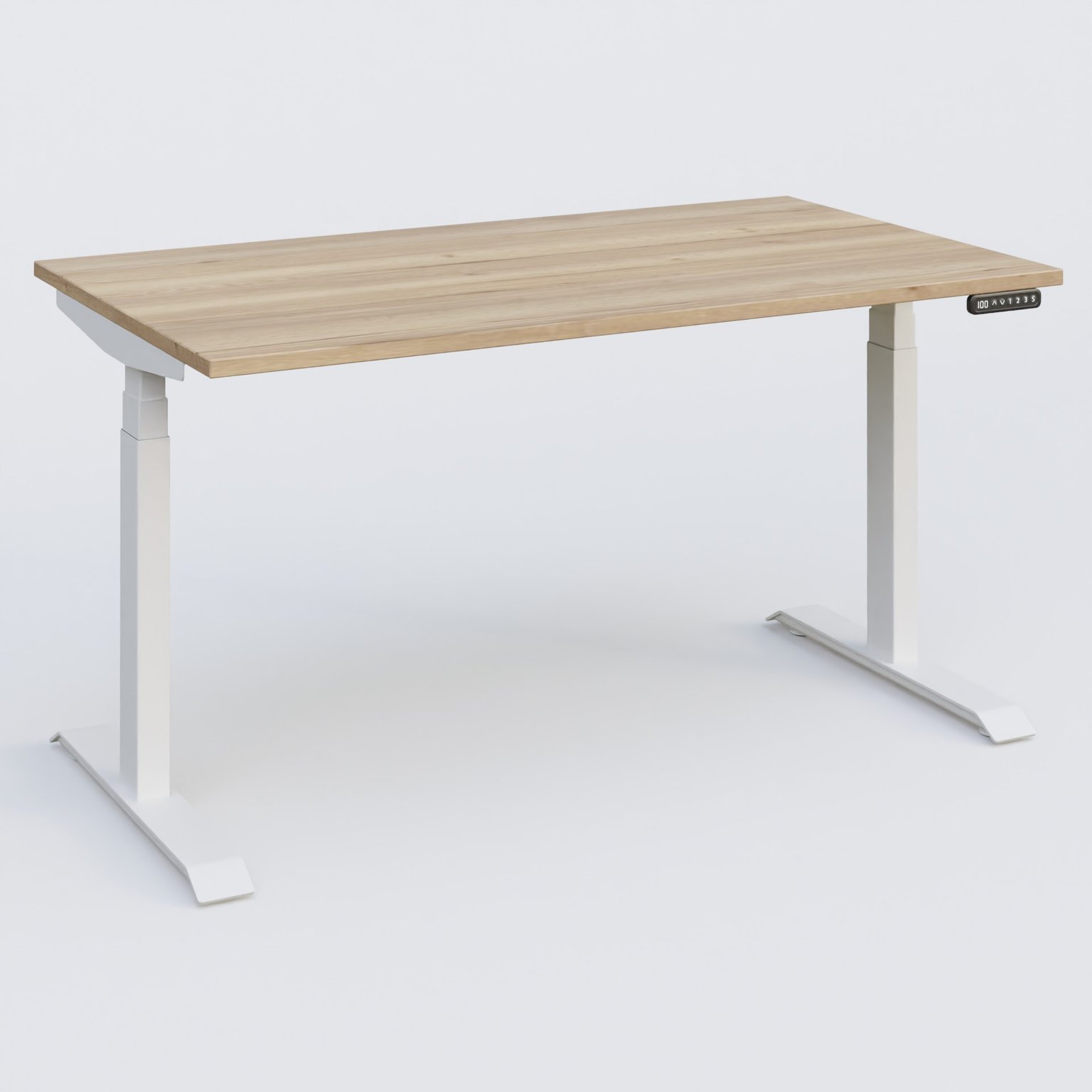 Poste solo 140*80 réglable en hauteur éléctriquement de 65-130 cm gamme KPro3. Plateau Chêne naturel et pietement Blanc.