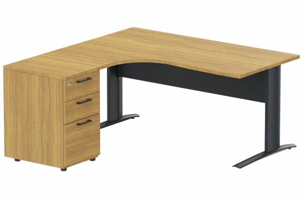 Gamme K1 - Plans compacts - K1 Voile de fond Métal - Plan compact 90° asymétrique 180x162x80/60cm avec caisson HB bois 3 tiroirs - retour à gauche -Finitions : PLATEAUX: NOYER (NO) / PIETEMENTS: ANTHRACITE (AN) / CAISSONS MELAMINE: NOYER (NO)