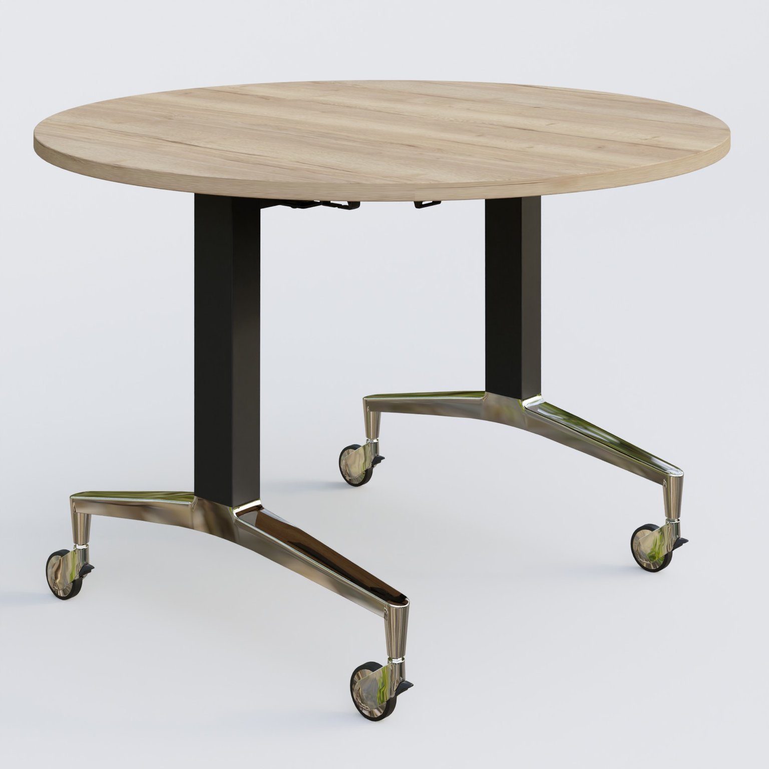 Table ronde de la gamme LEM D110 cm. Plateau Chêne naturel et pietement Noir/Chrome.