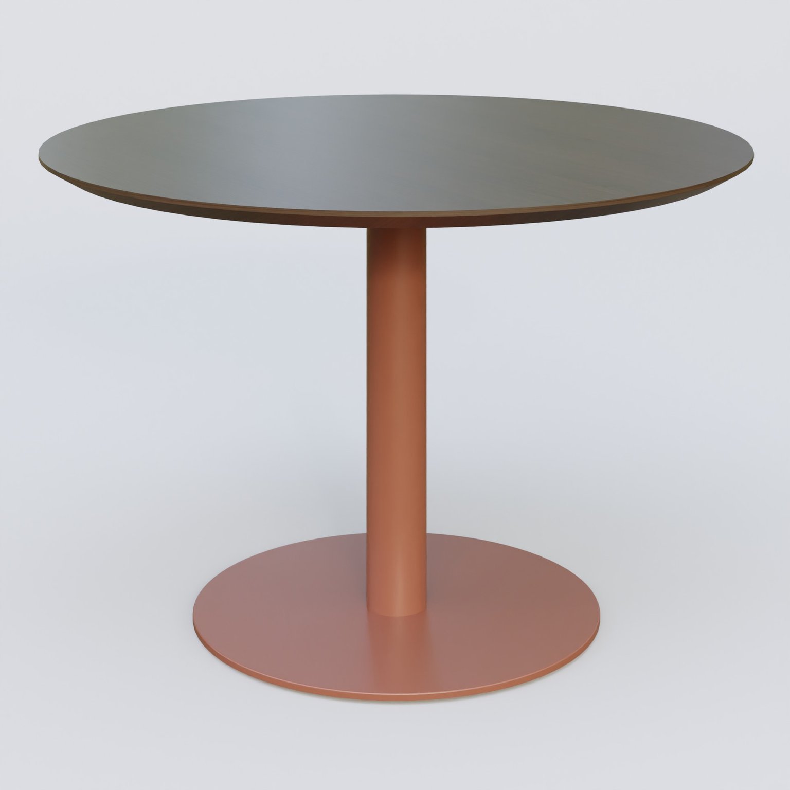 Table Basse Fashion Styl piètement colonne en métal et plateau bois. Plateau Chêne Moka et pietement Brun cuivré (RAL 8004).