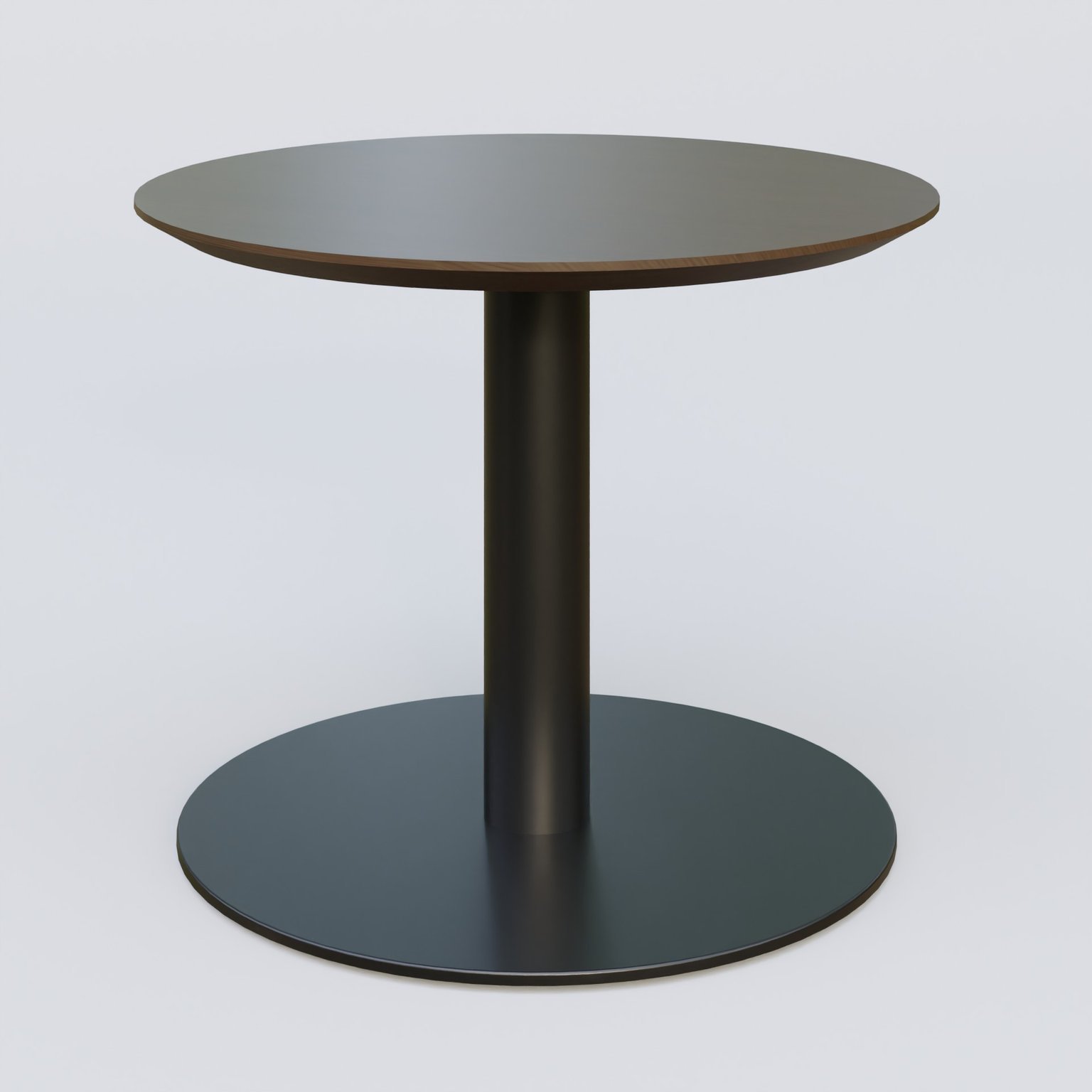 Table Basse Fashion Styl piètement colonne en métal et plateau bois. Plateau Chêne Moka et pietement Noir (RAL 9005).