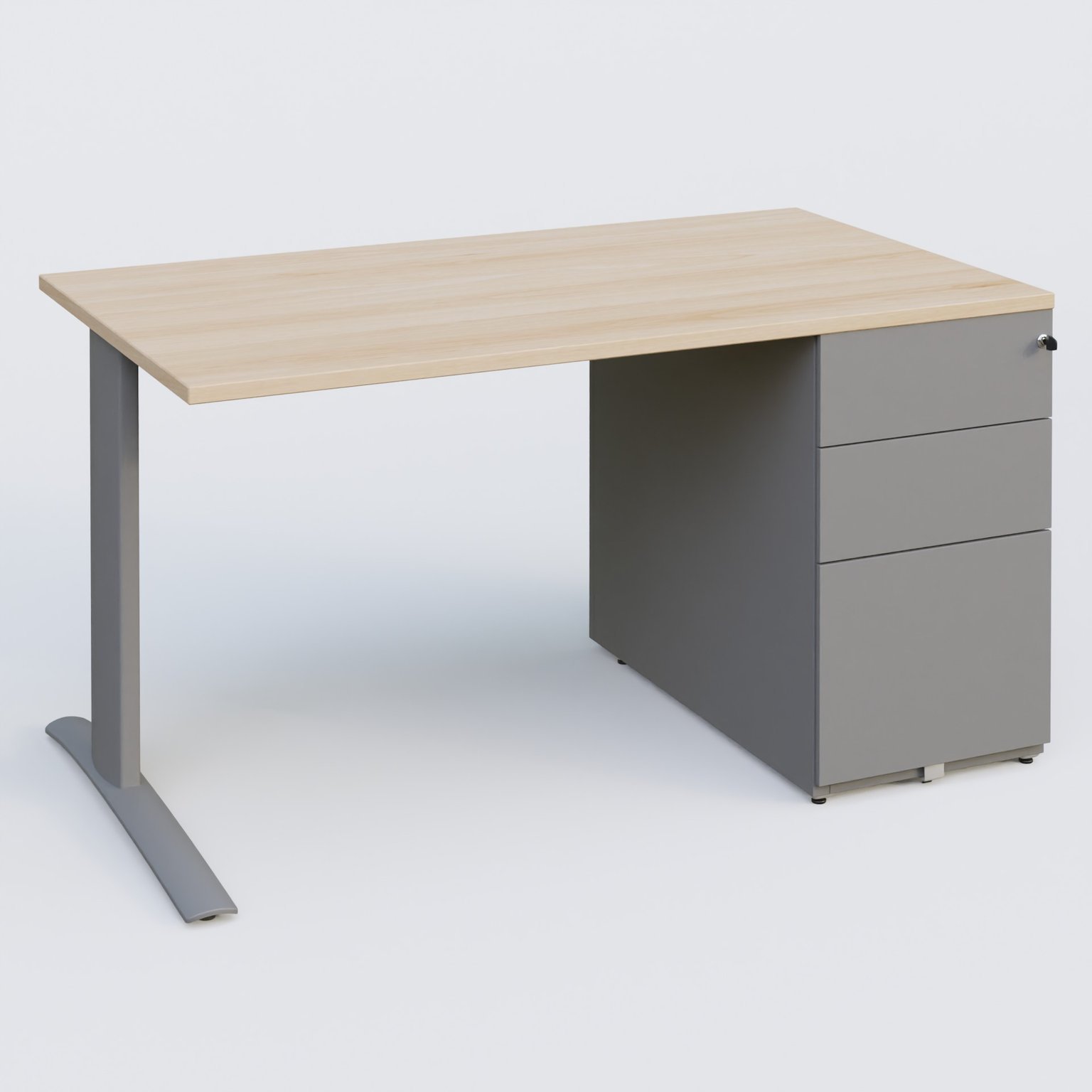 K1 Plateau droit 140x80 avec caisson métal porteur sous plateau à droite. Plateau Hêtre et pietement Aluminium