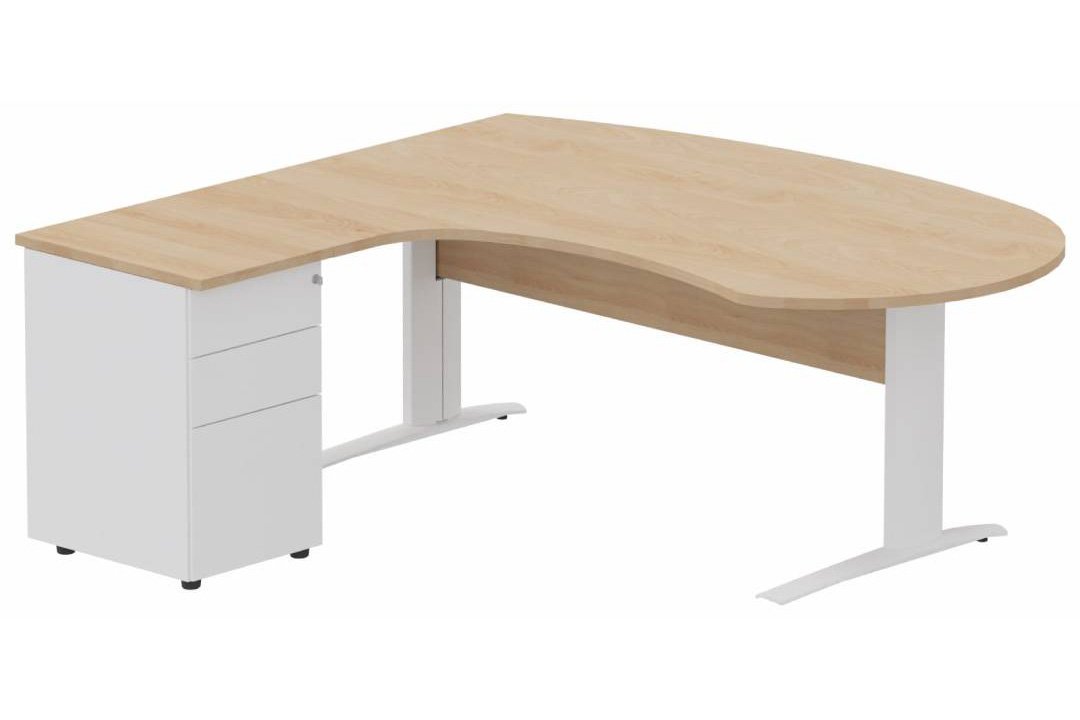 K1 VDF bois compact 90° manager 190x141x104x60cm sur caisson HB métal 3 tiroirs, plateau hêtre, structure blanc