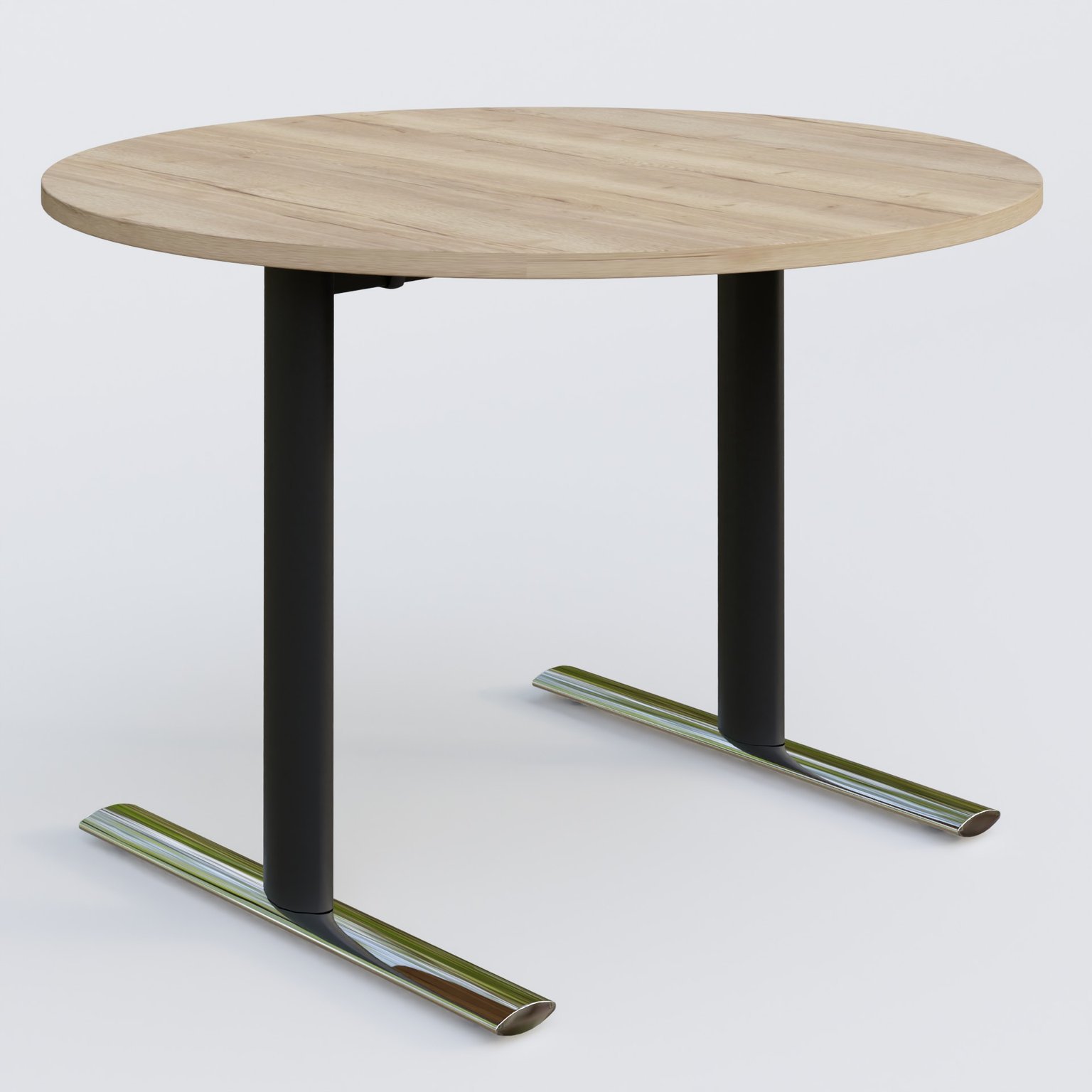Table ronde gamme Pure diametre 110 cm. Plateau Chêne naturel et pietement Noir/Chrome.