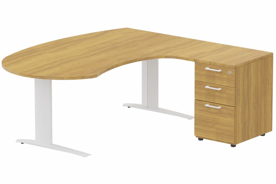 k1 Poutre - Plan compact 90° asymétrique Manager 190x183x104 / 60cm avec caisson HB bois 3 tiroirs - retour à droite -Finitions : PLATEAUX: NOYER (NO) / PIETEMENTS: BLANC (BL) / CAISSONS MELAMINE: NOYER (NO)