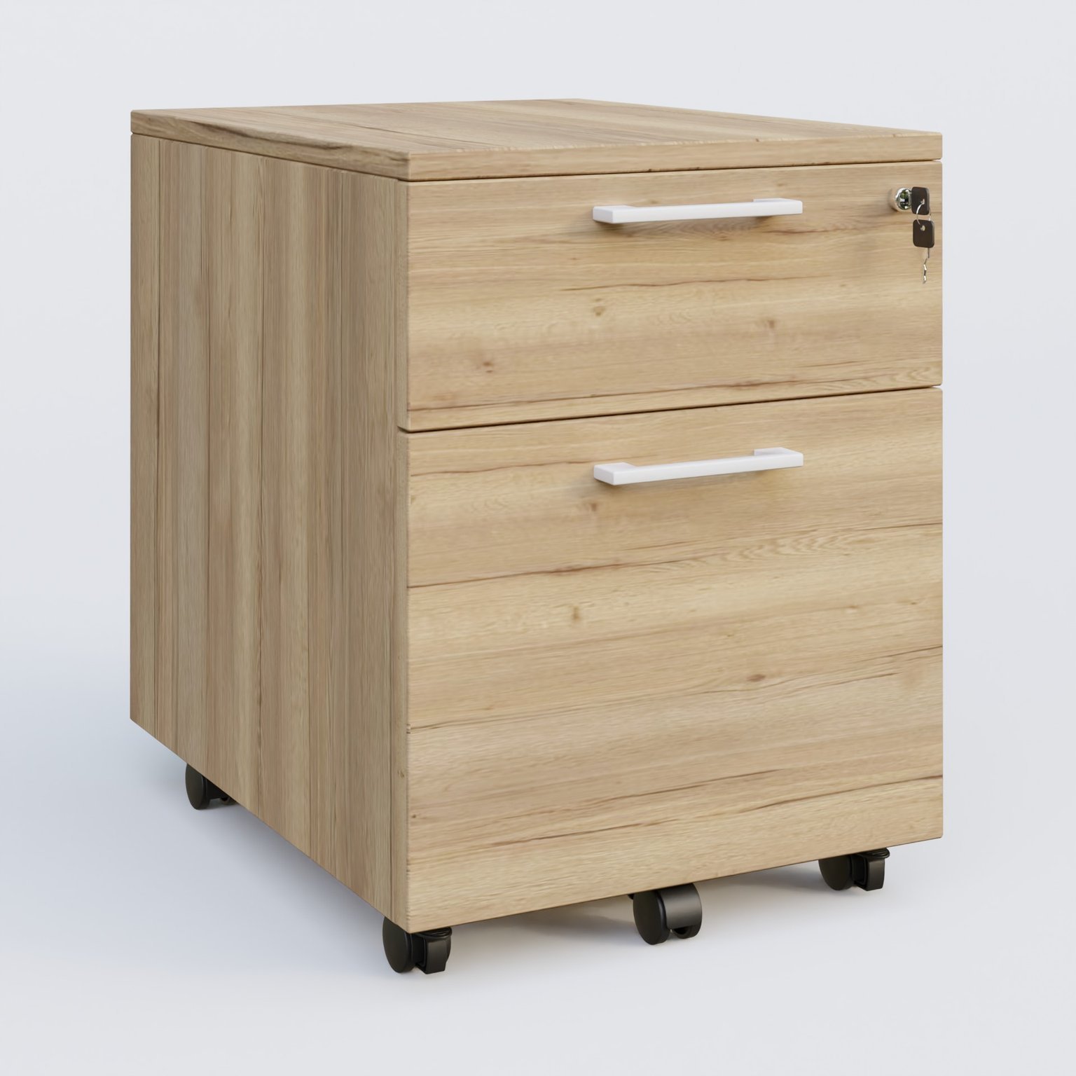 Caisson mobile mélamine 2 tiroirs, hauteur 55 cm. Caisson Chêne naturel et poignets Blanc.