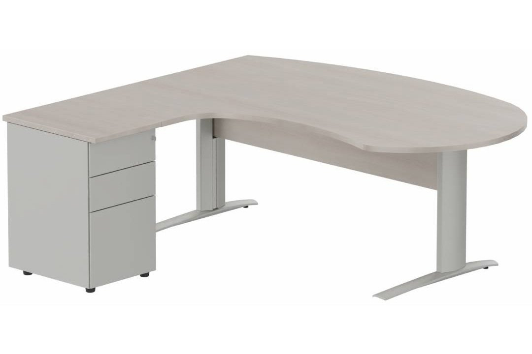 K1 VDF bois compact 90° manager 190x141x104x60cm sur caisson HB métal 3 tiroirs, plateau acacia, structure aluminium