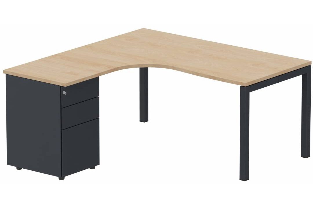 Plan Compact 90° asymétrique 160x162x80/60cm retour à gauche avec caisson HB métal 3 tiroirs hêtre/anthracite