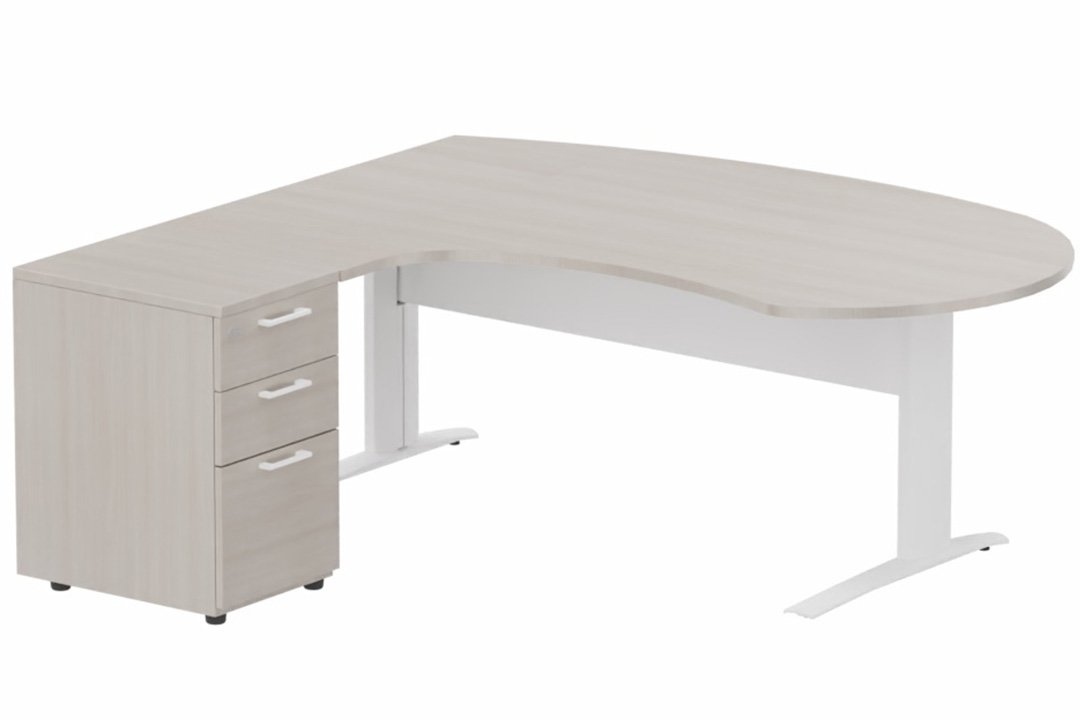 K1 VDF métal compact 90° manager 190x141x104x60cm sur caisson HB mélamine 3 tiroirs, plateau acacia, structure blanc