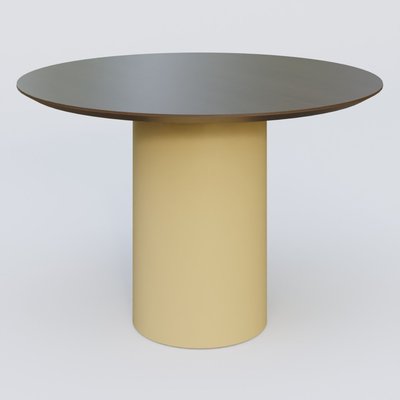 [Pas de famille] - [Pas de sous famille] - Table Basse Fashion Styl piètement colonne en métal D-26cm et plateau bois. Plateau Chêne Moka et pietement Jaune Cuivre (RAL 1002).