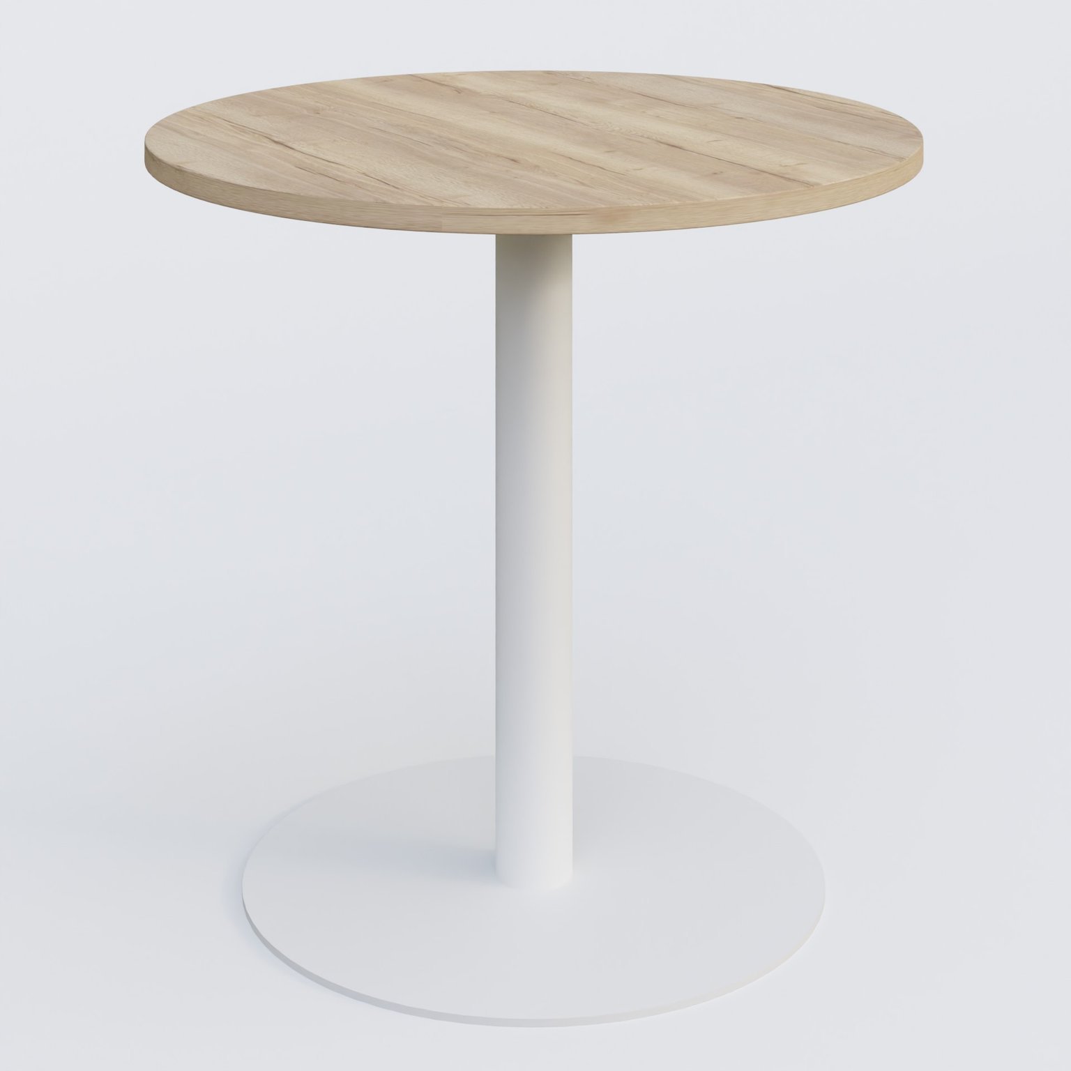 Table de réunion pietement colonne plateau D 80 cm. Plateau Chêne naturel et pietement Blanc.