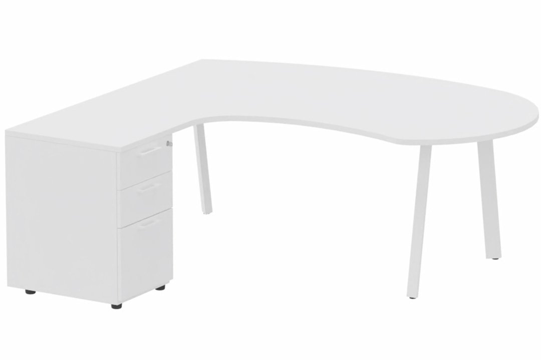 Plan compact 90° manager sur caisson HB bois 190 x 141 x 104 x 60 cm, 3 tiroirs, plateau blanc, structure blanc
