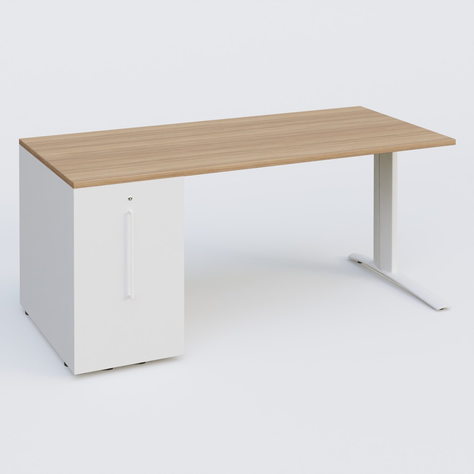 K1 Plateau droit 180x80 avec tour de rangement sous plateau à gauche. Plateau Noyer et pietement Blanc