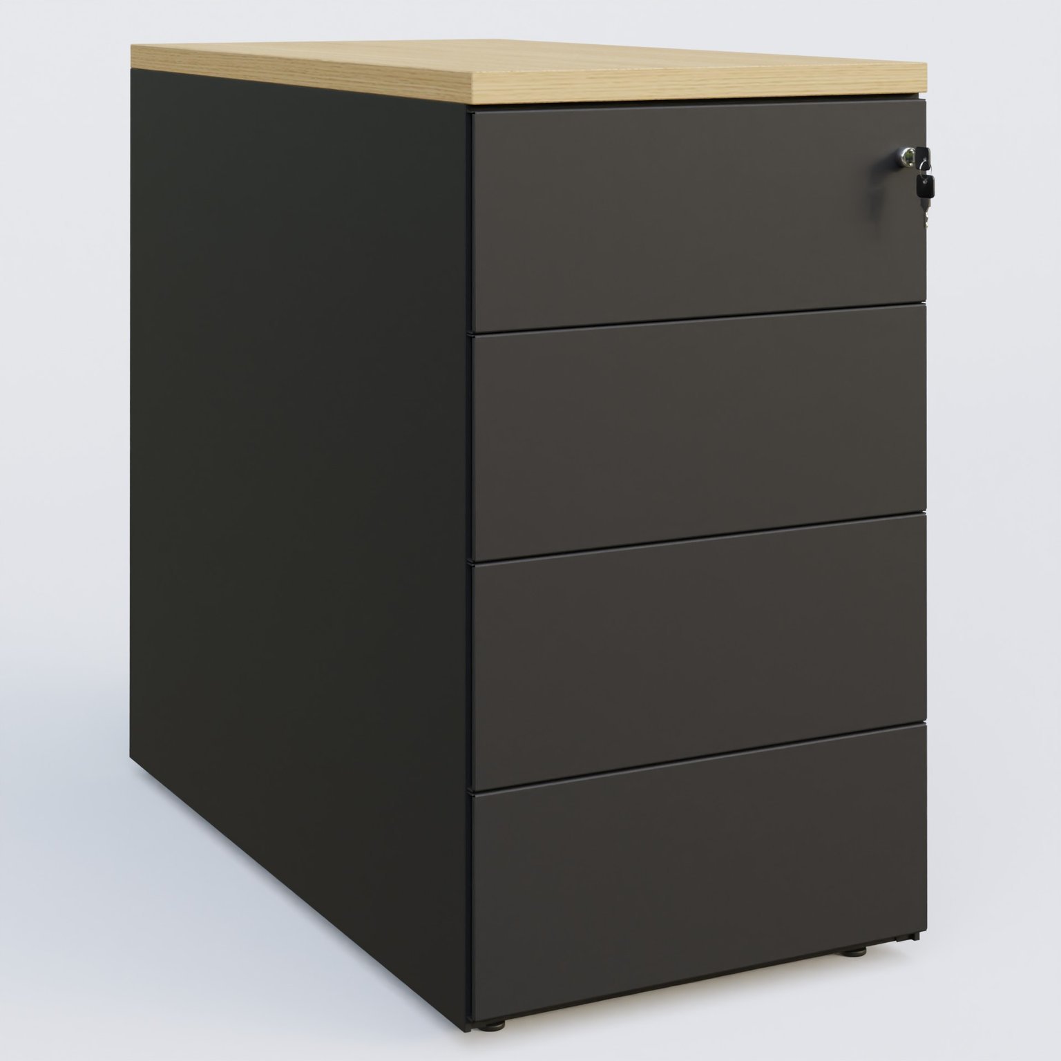 Caisson hauteur de bureau métalique 4 tiroirs avec top de finition, profondeur 60cm. Plateau Chêne clair et caisson Noir.