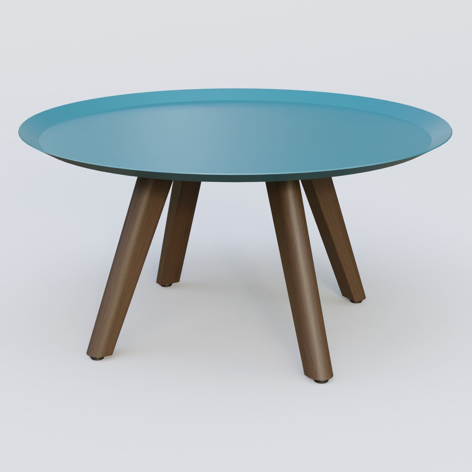 Table Basse Fashion Styl piètement 3 pieds bois et plateau métal. Plateau Bleu Petrole (RAL 5025) et pietement Chêne Moka.