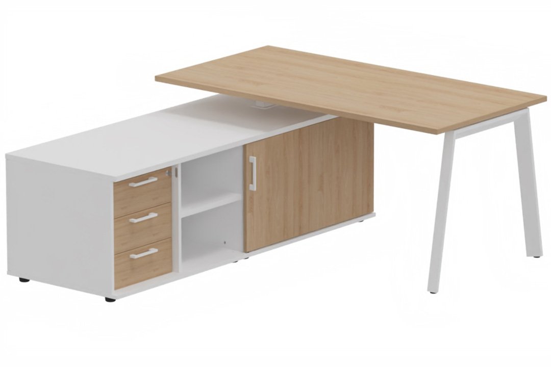 K8 Plan 200x100 avec meuble porteur (L180xP64) avec caisson 3T intégré - meuble à gauche - Finitions = Plateau : Hêtre /Piétement :Blanc (BL) / Corps du meuble : Blanc (BL) /Façade : Hêtre