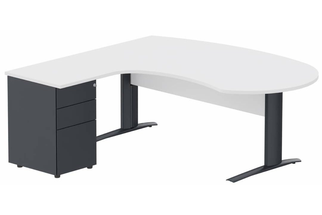 K1 VDF bois compact 90° manager 190x141x104x60cm sur caisson HB métal 3 tiroirs, plateau blanc, structure anthracite