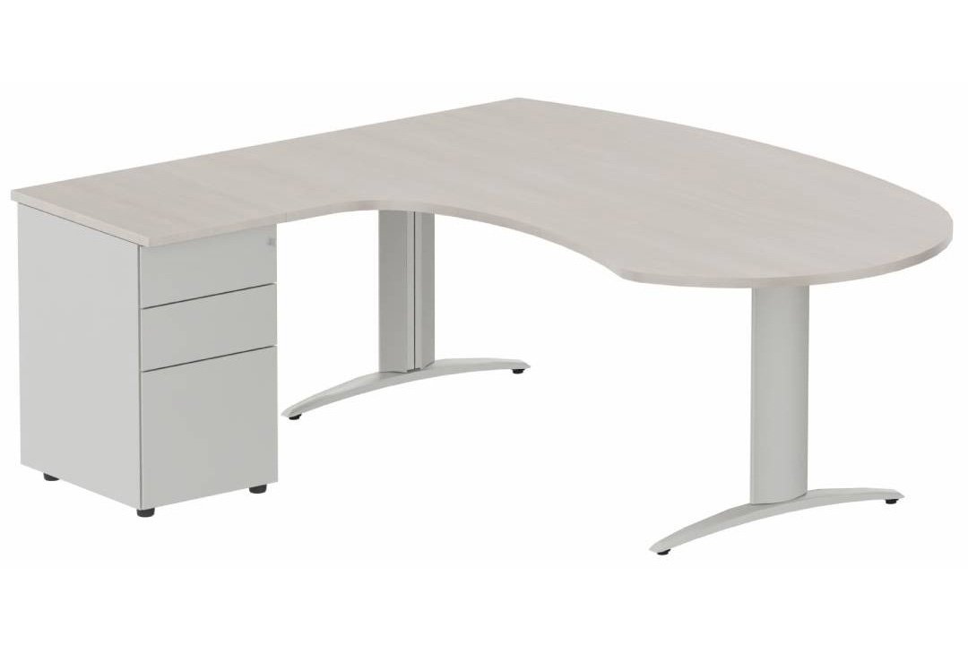 K2 compact 90° manager 190x141x104x60cm sur caisson HB métal 3 tiroirs, plateau acacia, structure aluminium