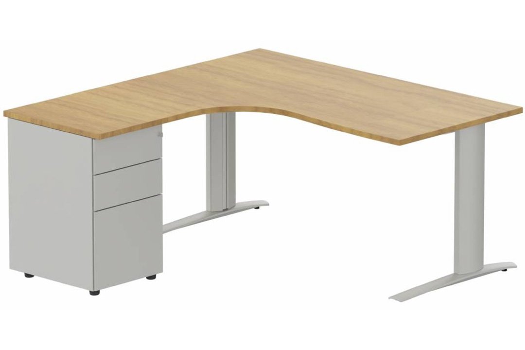k1 Poutre - Plan compact 90° asymétrique 180x162x80 / 60cm avec caisson HB métal 3 tiroirs - retour à gauche -Finitions : PLATEAUX: NOYER (NO) / PIETEMENTS: ALUMINIUM (AL) / CAISSONS METALLIQUES: ALUMINIUM (AL)