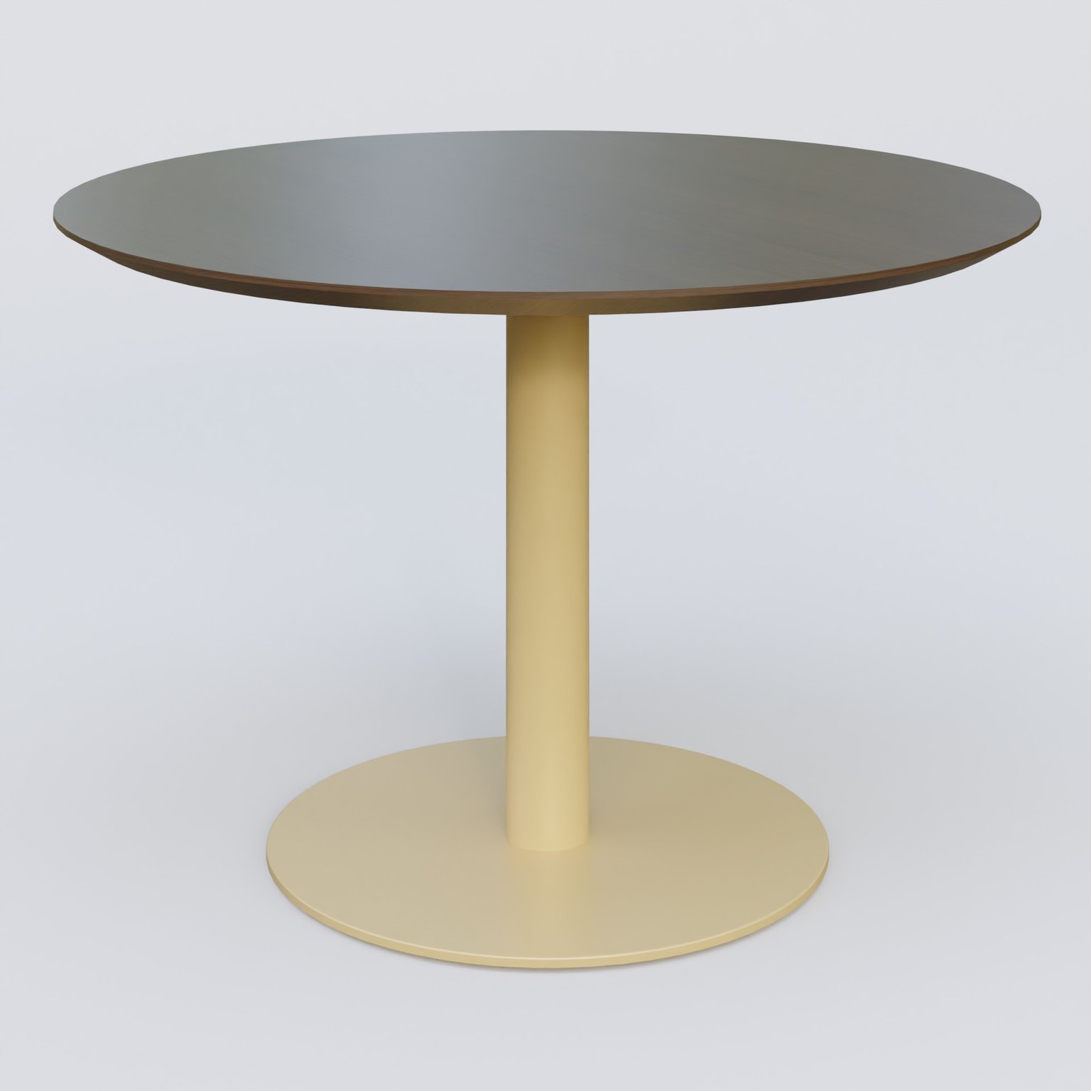 Table Basse Fashion Styl piètement colonne en métal et plateau bois. Plateau Chêne Moka et pietement Jaune Cuivre (RAL 1002).