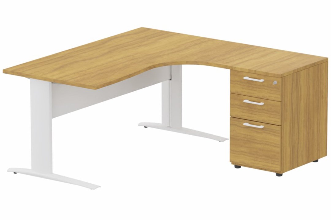 K1 Voile de fond Métal - Plan compact 90° asymétrique 180x162x80/60cm avec caisson HB bois 3 tiroirs - retour à droite -Finitions : PLATEAUX: NOYER (NO) / PIETEMENTS: BLANC (BL) / CAISSONS MELAMINE: NOYER (NO)