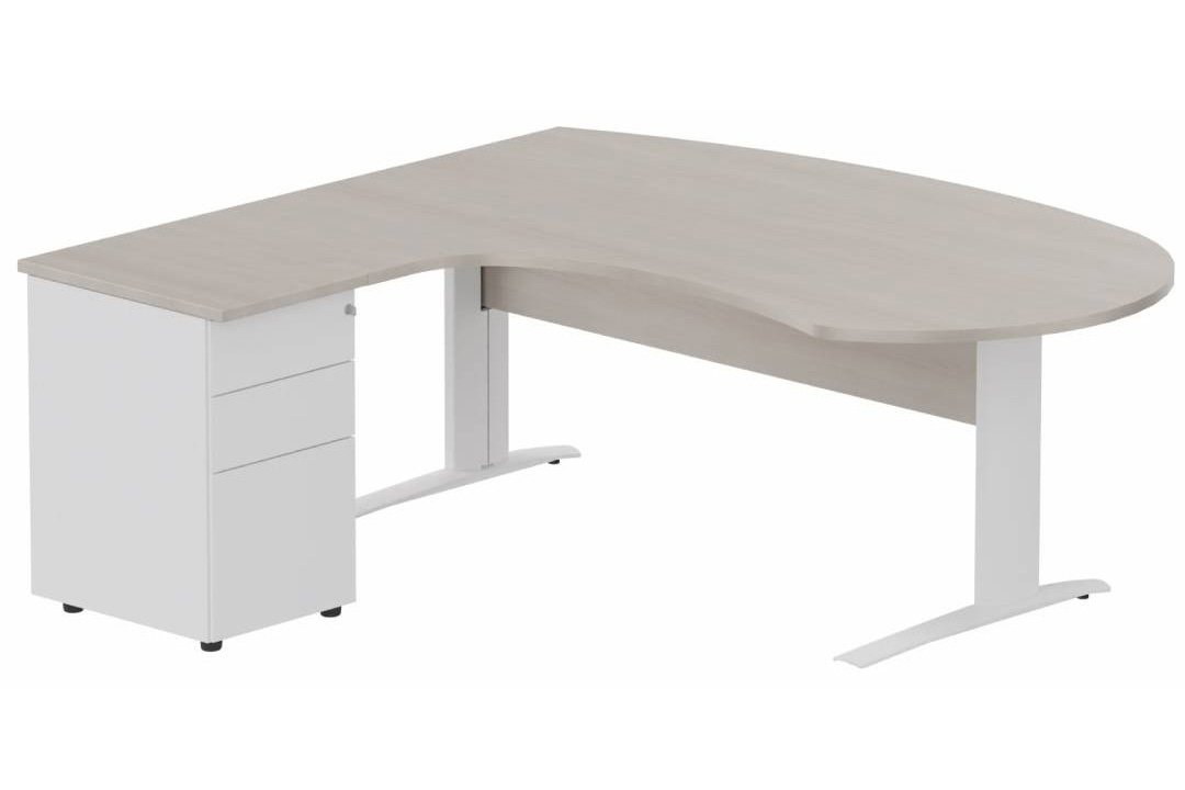 K1 VDF bois compact 90° manager 190x141x104x60cm sur caisson HB métal 3 tiroirs, plateau acacia, structure blanc
