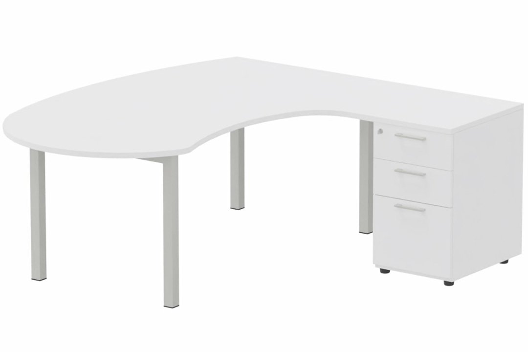 K3 compact 90° manager 190x141x104x60cm sur caisson HB mélamine 3 tiroirs, plateau blanc, structure aluminium