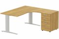 k1 Poutre - Plan compact 90° asymétrique 180x162x80 / 60cm avec caisson HB bois 3 tiroirs - retour à droite -Finitions : PLATEAUX: NOYER (NO) / PIETEMENTS: ALUMINIUM (AL) / CAISSONS MELAMINE: NOYER (NO)