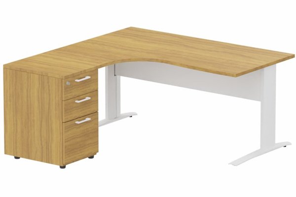 Gamme K1 - Plans compacts - K1 Voile de fond Métal - Plan compact 90° asymétrique 160x162x80/60cm avec caisson HB bois 3 tiroirs - retour à gauche -Finitions : PLATEAUX: NOYER (NO) / PIETEMENTS: BLANC (BL) / CAISSONS MELAMINE: NOYER (NO)