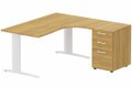 k1 Poutre - Plan compact 90° asymétrique 180x162x80 / 60cm avec caisson HB bois 3 tiroirs - retour à droite -Finitions : PLATEAUX: NOYER (NO) / PIETEMENTS: BLANC (BL) / CAISSONS MELAMINE: NOYER (NO)