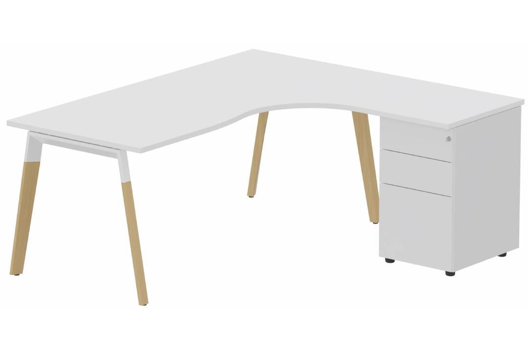K8Wood Plan compact 90° asymétrique 160x162x80/60cm avec caisson HB métal 3 tiroirs - retour à droite