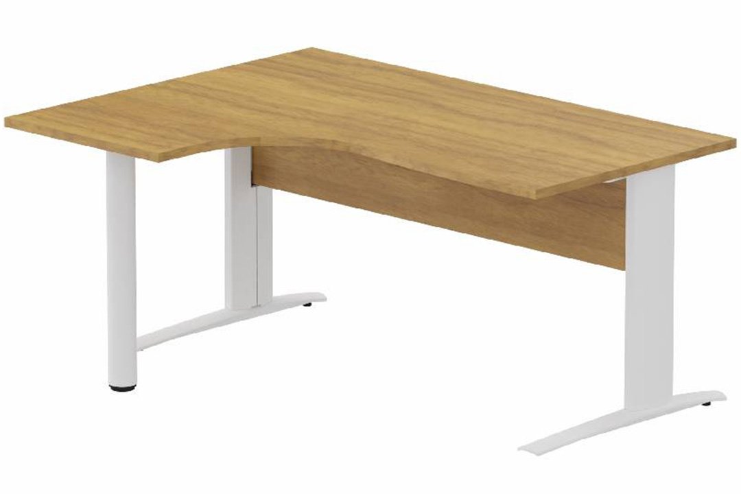 K1 Voile de fond Bois - Plan compact 90° asymétrique 160x120x80/60cm sur pied de soutien - retour à gauche -Finitions : PLATEAUX: NOYER (NO) / PIETEMENTS: BLANC (BL)
