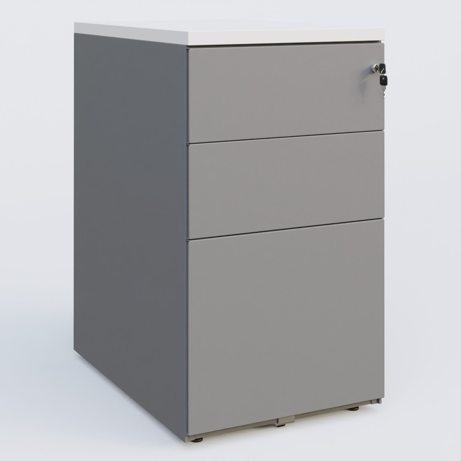 Caisson hauteur de bureau métalique 3 tiroirs avec top de finition, profondeur 60cm. Plateau Blanc et caisson Aluminium.
