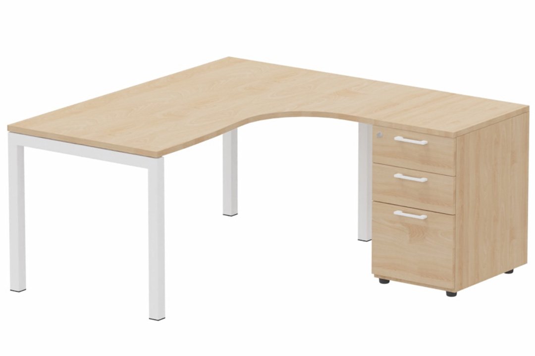 Plan Compact 90° asymétrique 160x162x80/60cm retour à droite avec caisson HB bois 3 tiroirs hêtre/blanc