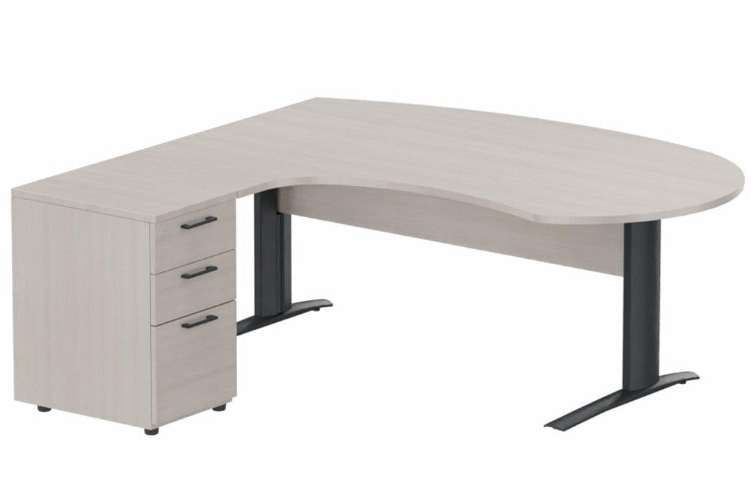 K1 Voile de fond Bois - Plan compact 90° asymétrique Manager 190x183x104/60cm avec caisson HB bois 3 tiroirs - retour à gauche -Finitions : PLATEAUX: ACACIA (AK) / PIETEMENTS: ANTHRACITE (AN) / CAISSONS MELAMINE: ACACIA (AK)