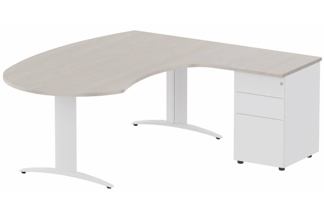 K2 compact 90° manager 190x141x104x60cm sur caisson HB métal 3 tiroirs, plateau acacia, structure blanc
