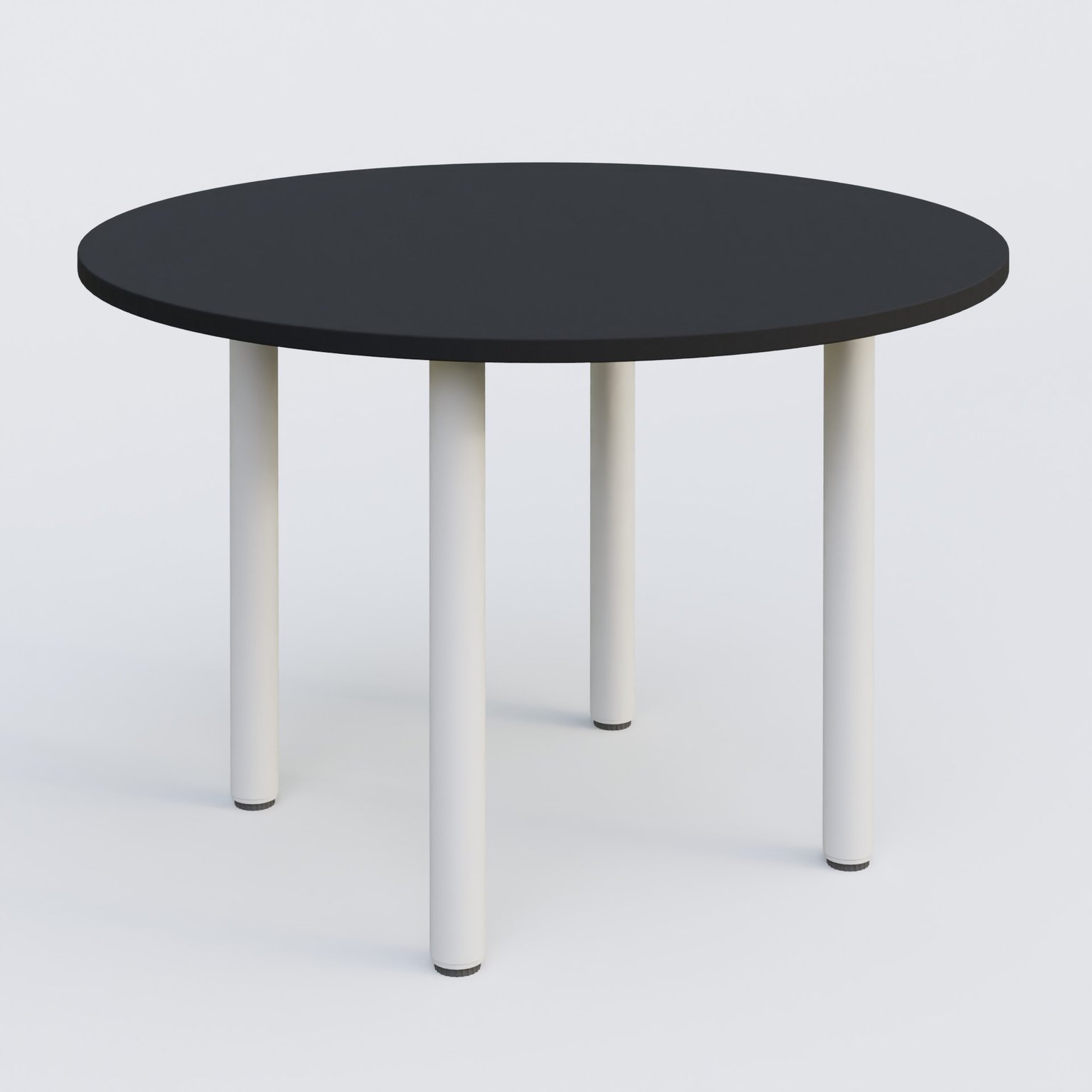 Table ronde diametre 110 cm avec quatres pieds fixes. Plateau Noir Mat et pietement Blanc